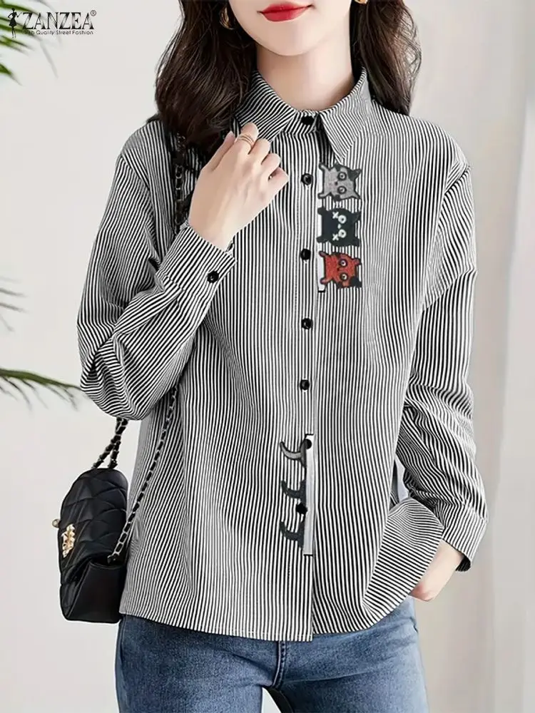 ZANZEA Mode Gestreiften Shirts Frauen Elegante Langarm Katze Drucken Patchwork Casual Bluse Herbst Tunika Tops Vintage Weibliche Blusa