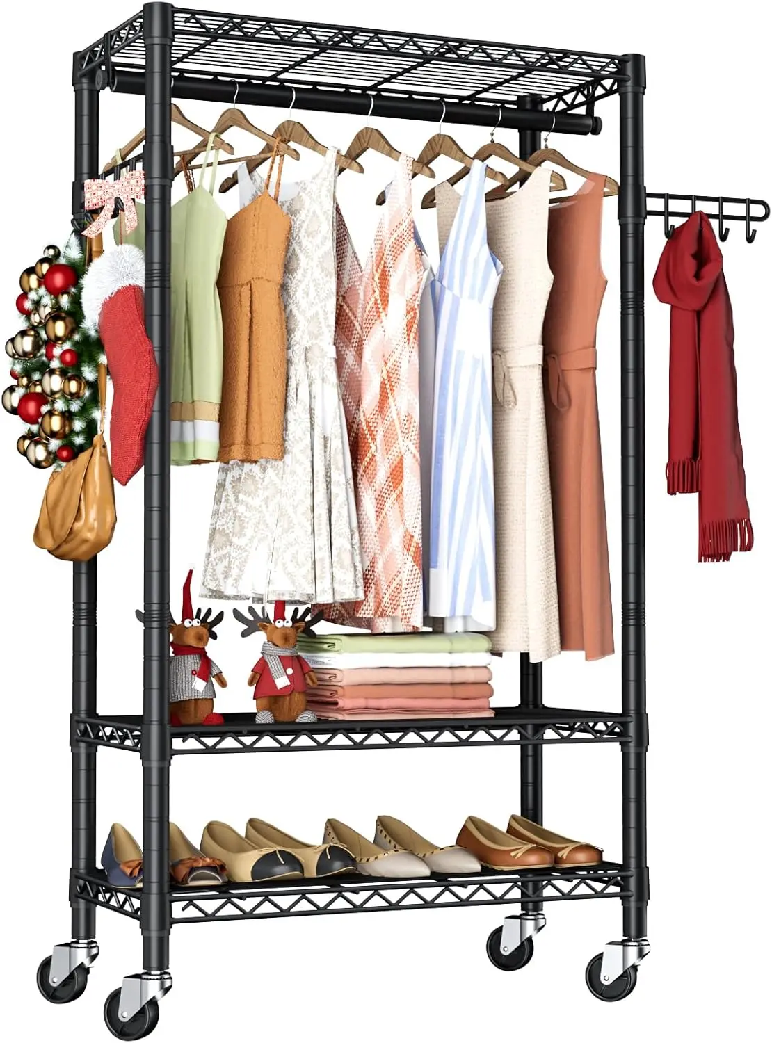 Heavy Duty Clothes Rack Rolling Garment Rack,3 Tier Adjustable Wire Shelving Clothing Racks For Hanging Clothes With Hanger