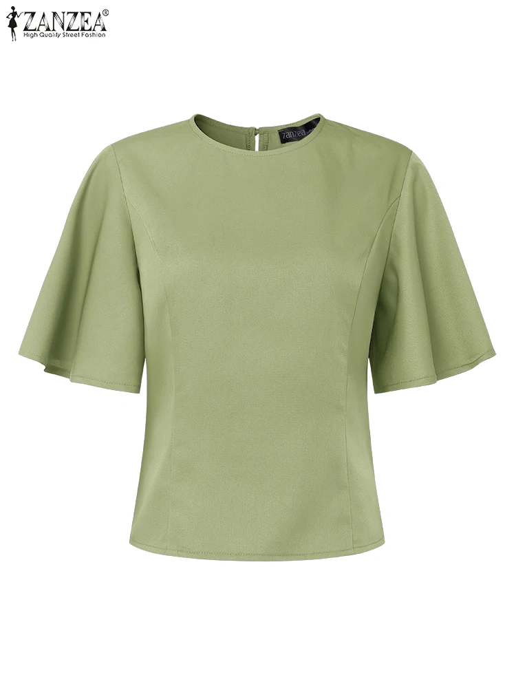 

ZANZEA Fashion Elegant Women Office Lady Blouse 2025 Summer Shirts Short Sleeve Solid Color Tunic Tops Ruffle Sleeve OL Blusas
