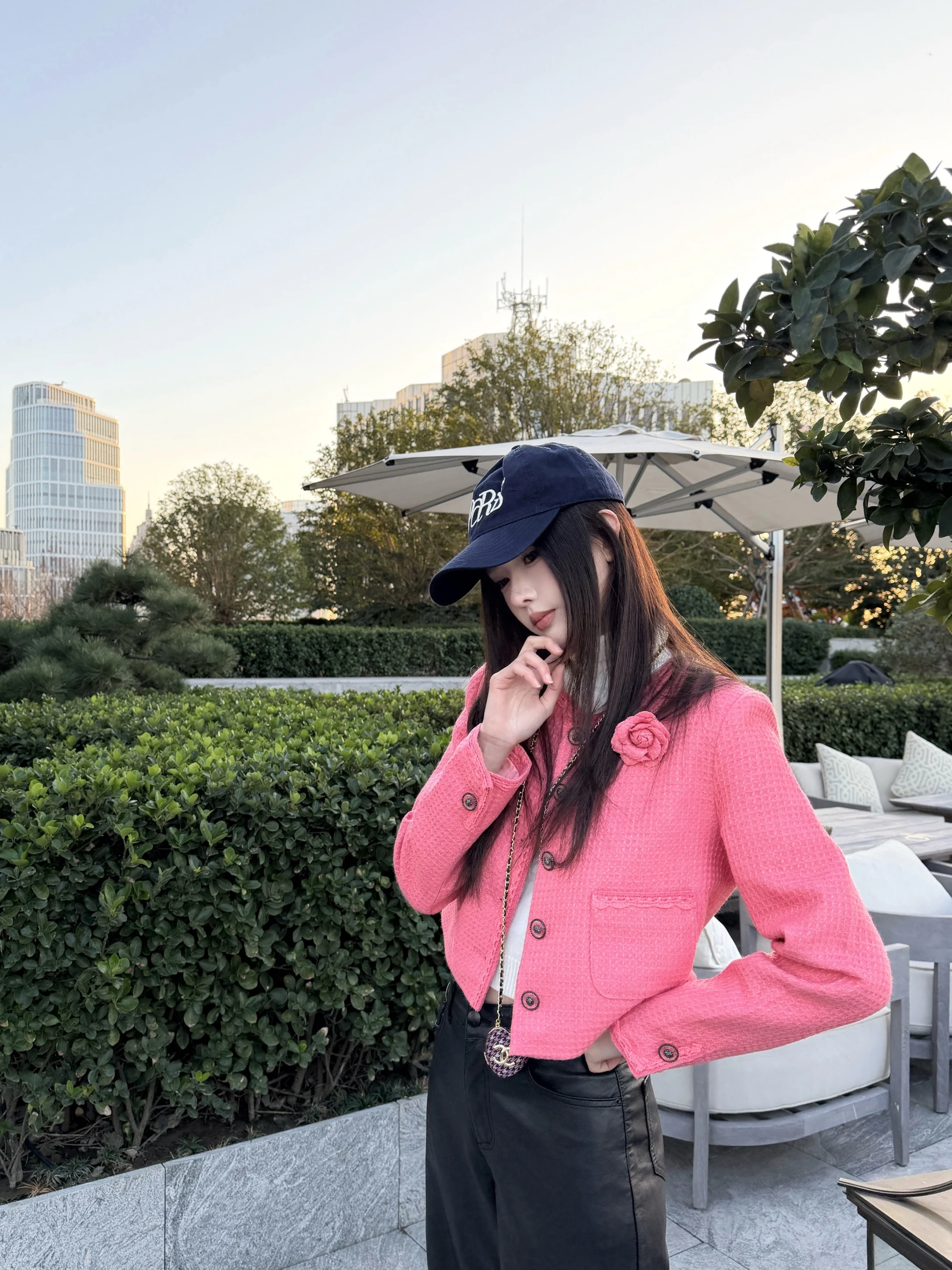 

High Quali Stand-Cut Crt Long Sve ort Jaet Top Women's Casual Sle Spring Faion Pink Raspberry Color