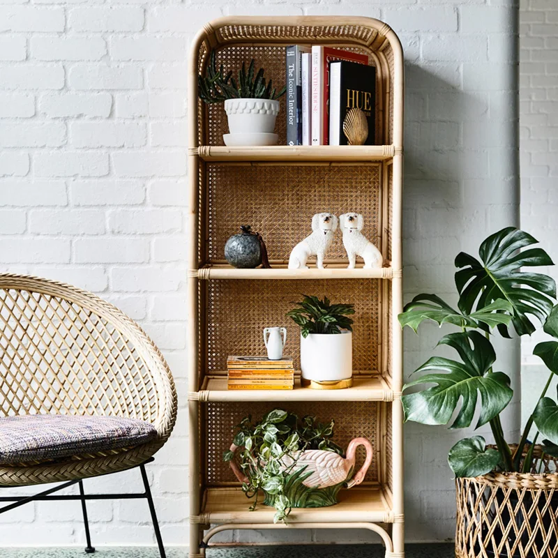 

Nordic rattan weaving shelf creative movable real rattan bookshelf home homestay simple floor display display cabinet