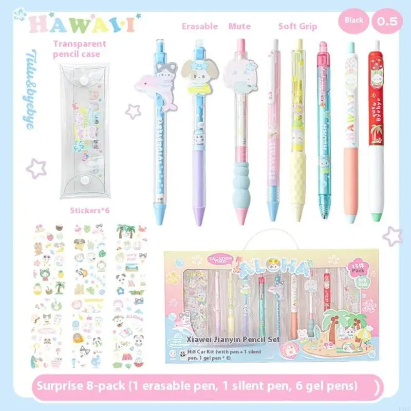 8Pcs Retractable Gel Pen with Sticker Pencil Case 0.5MM Tip Cartoon Gel Inks Pen K1KF