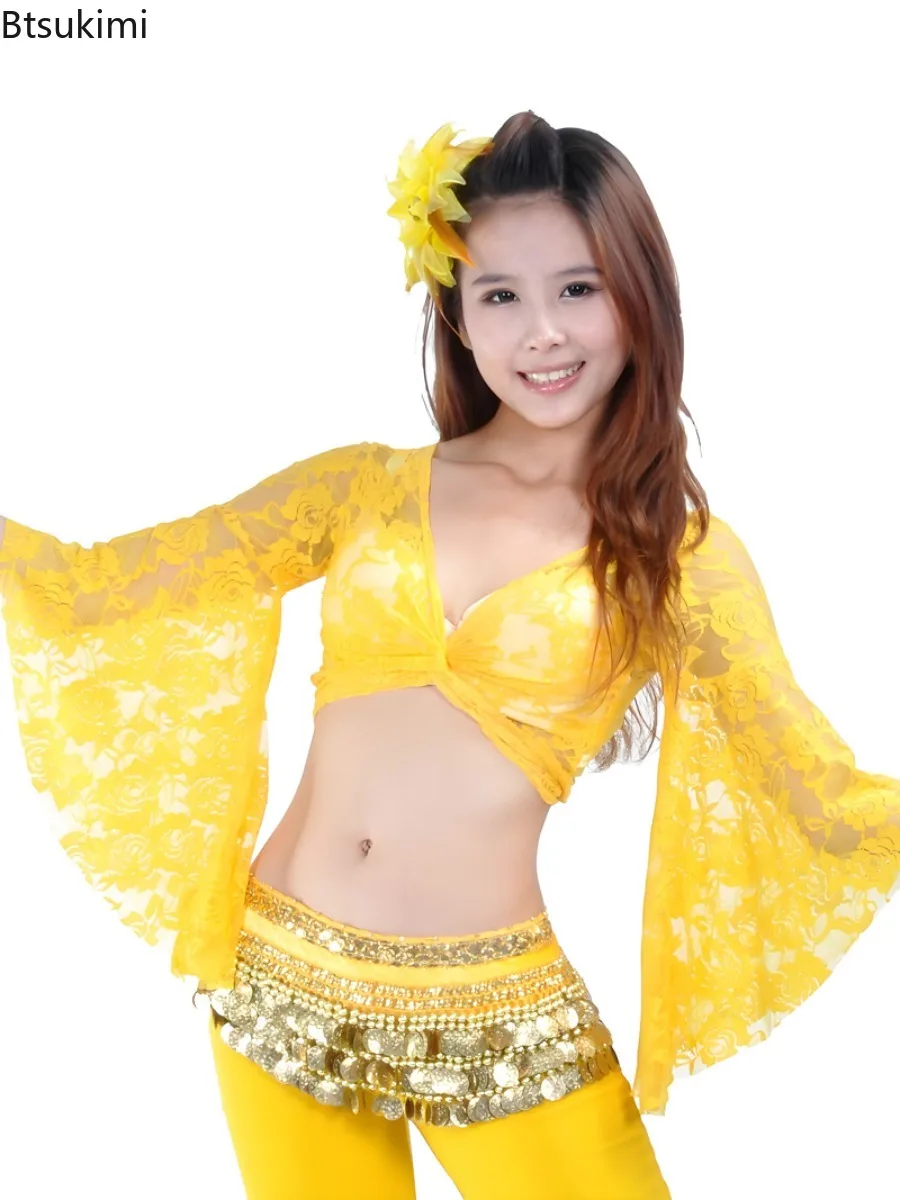 Blusa de encaje floral para mujer, tipo choli con lazo, cárdigan tipo bolero, disfraz de danza del vientre, mangas acampanadas 3/4, chal corto, ropa de danza