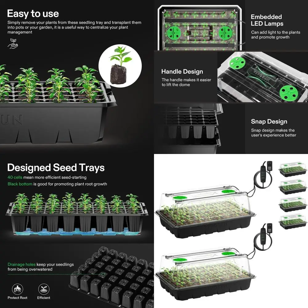 

Набор из 6 лотков для рассады, 240 ячеек, с LED-подсветкой, высокими крышками, регулируемыми вентиляционными отверстиями, дренажем, зеленый лоток для проращивания