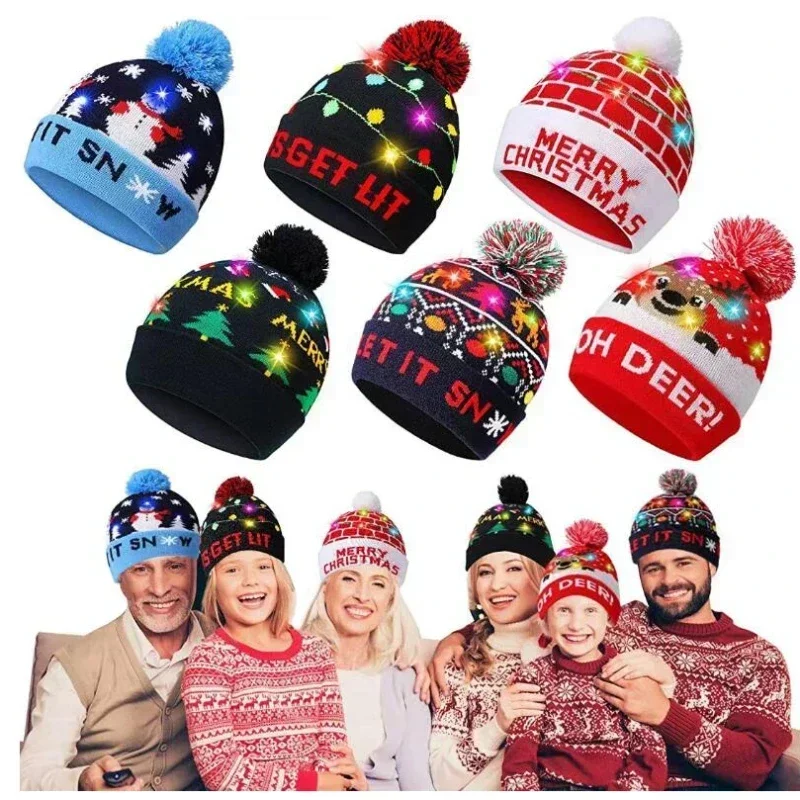 

Creative Flashing Led Light Christmas Hat Snowman Winter Warm Color Knitted Cap Christmas Gift For New Year Xmas Party Decor