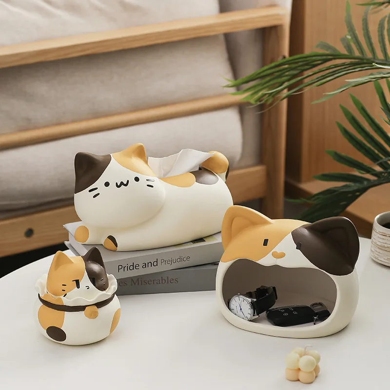 Cute Cream Cat Tissue Box Cover Ceramic Napkin Holder for Living Room Decorative Creative Coffee Table Organizer