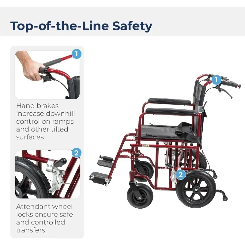 كرسي نقل بارياتيري قابل للطي في الهواء الطلق بأذرع كاملة الطول مع عجلات خلفية مسطحة مقاس 12 بوصة، أحمر، 22 بوصة