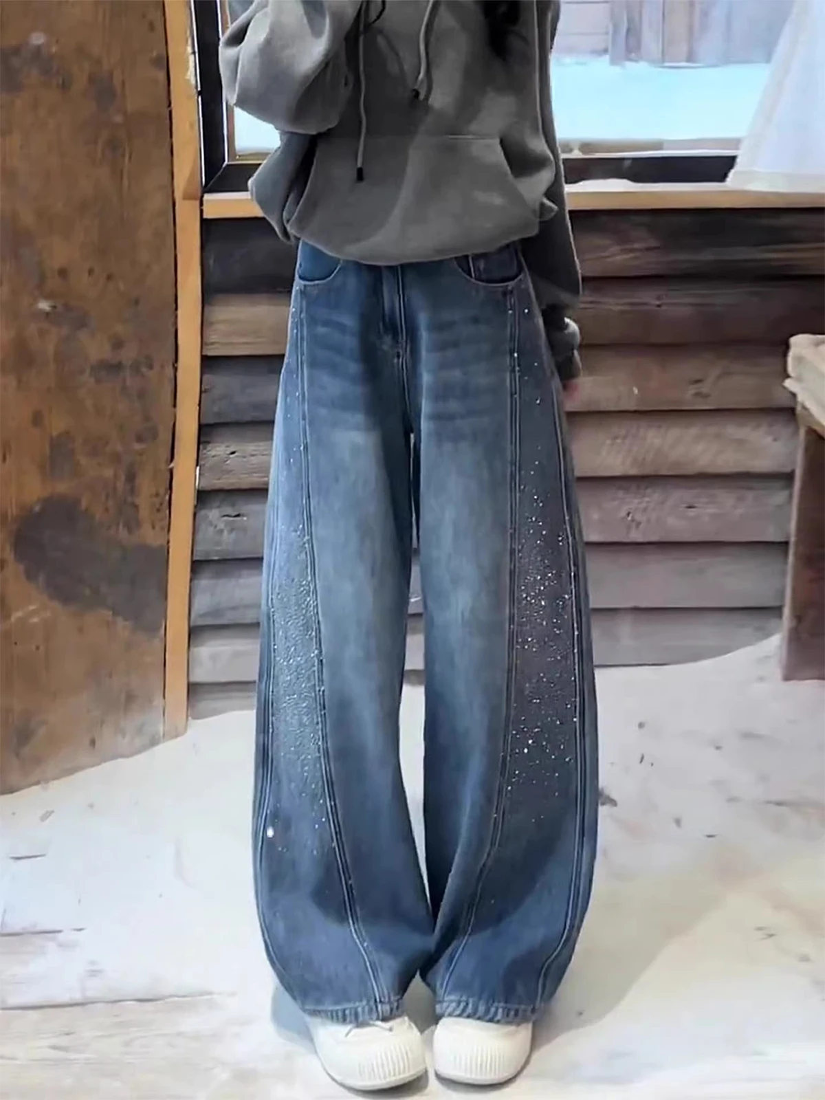 

Blue Fce Lined Wide Leg Denim Jeans Women's Spring Autumn New Sle Drapey Slimming Design Versatile High Waist Knife Pants