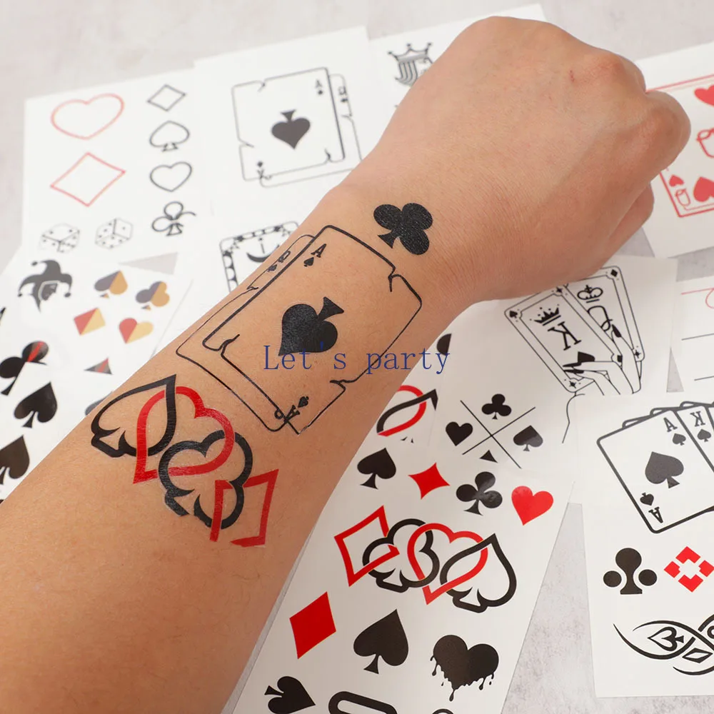 10Pc Las Vegas Casino Theme Temporary Waterproof Tattoos Poker Card Body Face Sticker for Adults Birthday Game Night Party Decor