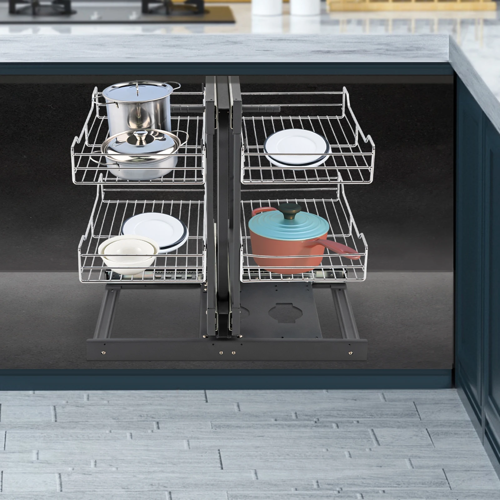 

2-tier Iron Pull-Out Basket Heavy Duty Kitchen Blind Corner Cabinet Organizer Sliding Shelf Pull-Out Pantry Storage Basket 800mm