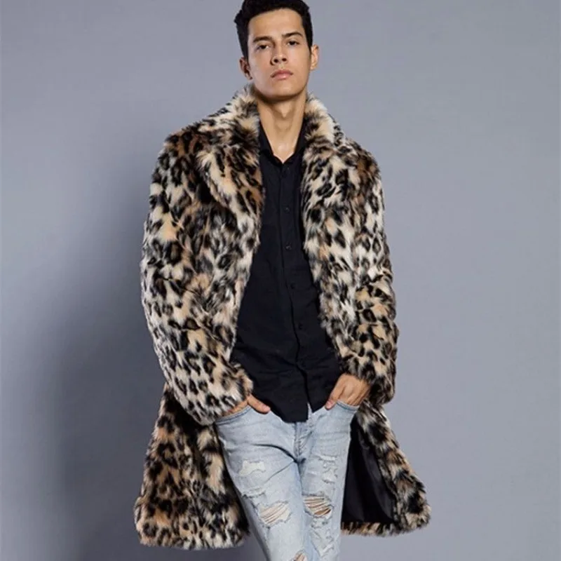 Luxury Men's Leopard Print Suit Overcoat Mid-length Rabbit Fur Winter Warm Thicken Faux Fur Coat Men Mens Fur Trench Coat New