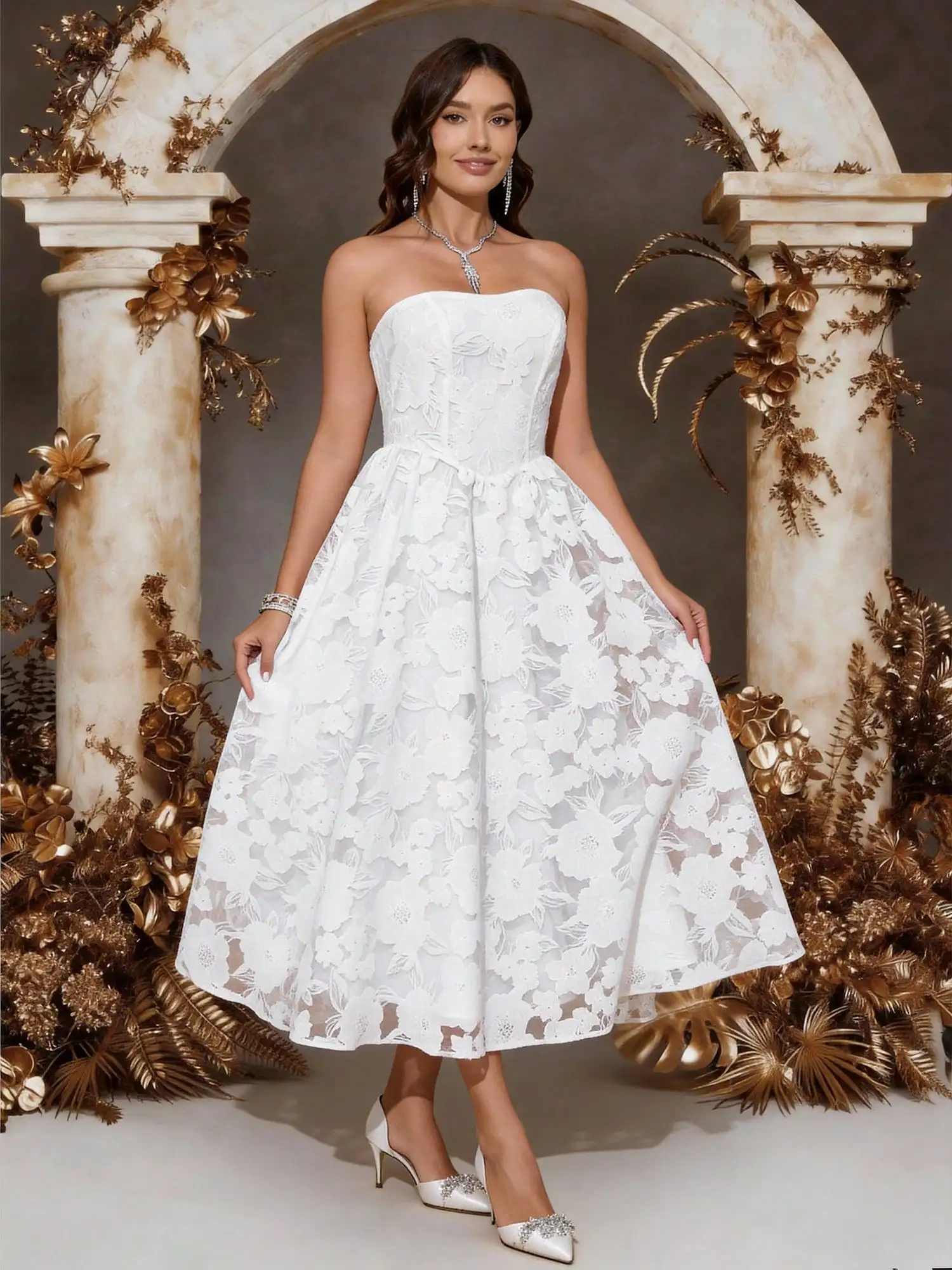 

Strapless Floral Lace Midi Dress For Formal Events And Weddings