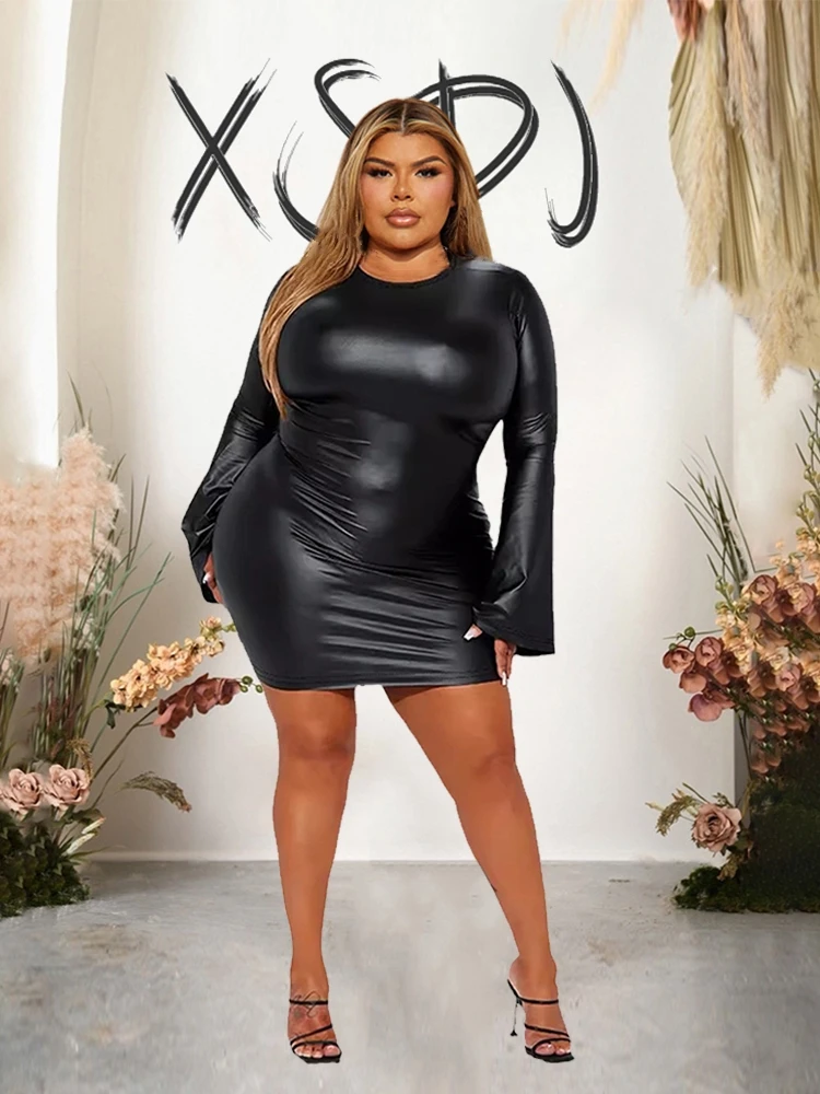 Sexy Leather Dress Woman Chic and Elegnat Leather Pu Long Sleeve Black Bodycon Dress Above Knee Length Ladies Plus Size Dresses