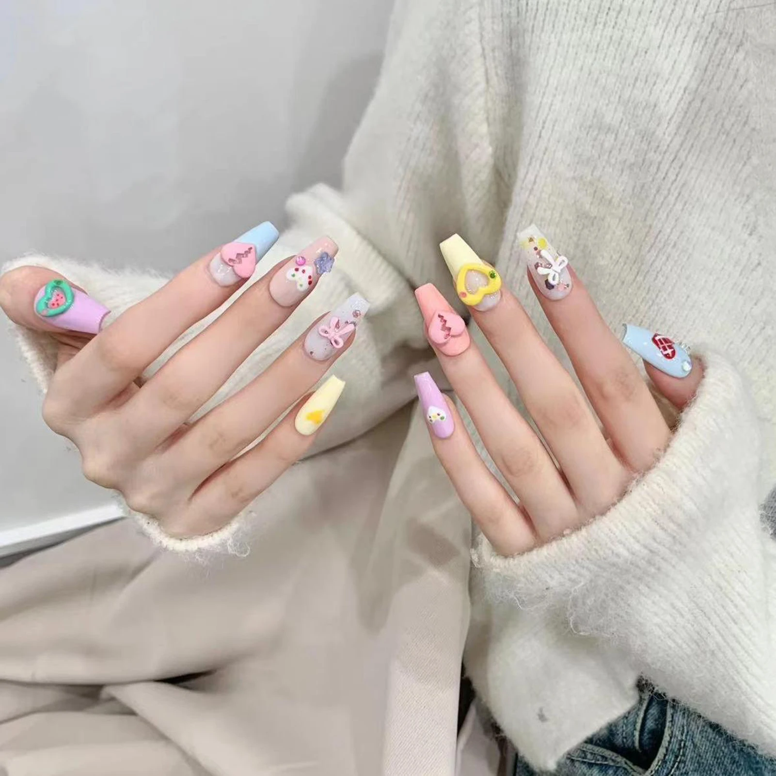 10pcs Detachable Handmade Press On Nails Colorful Dopamine Fake Nails Y2k Wearable Long Ballerina Fashion False Nails For Girl