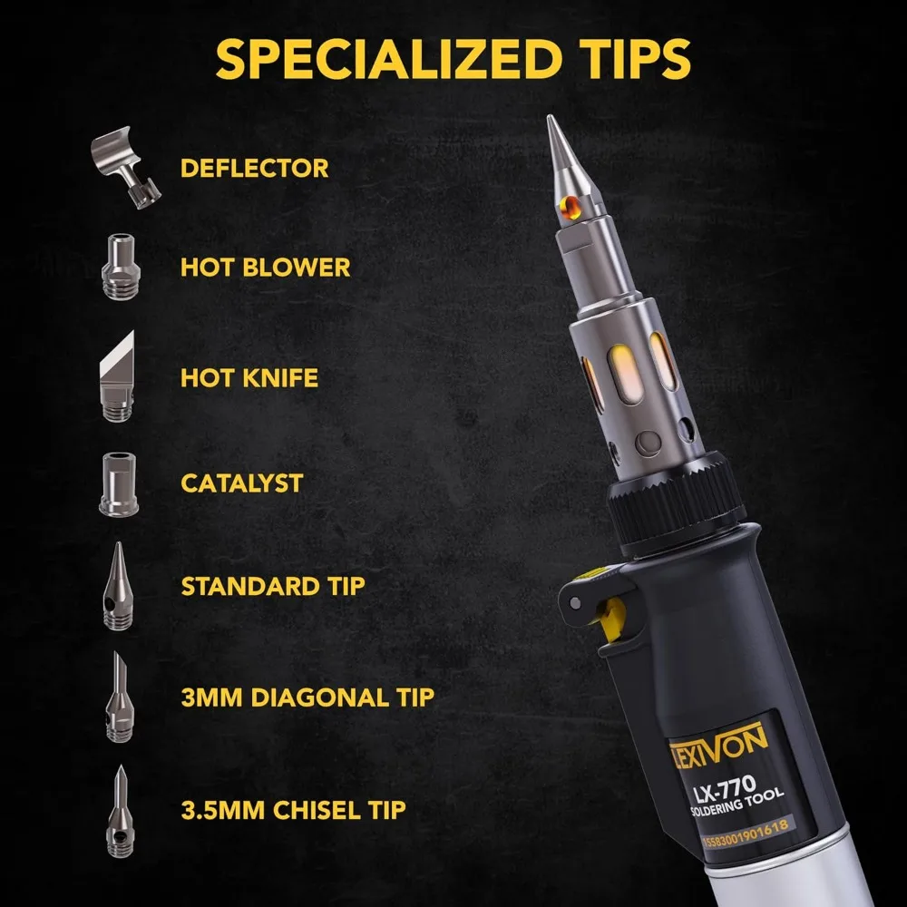 Cordless Butane Soldering Iron Kit with Adjustable Flame and 7 Tips | Pro Grade 125W Equivalent for Multi-Purpose Use