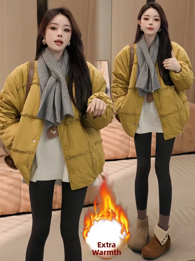 

Thiened Cotton Jaet Women's Winter New Faion Sli Fce Lined Versatile Bread Sle Warm Outerwear Korean Sle