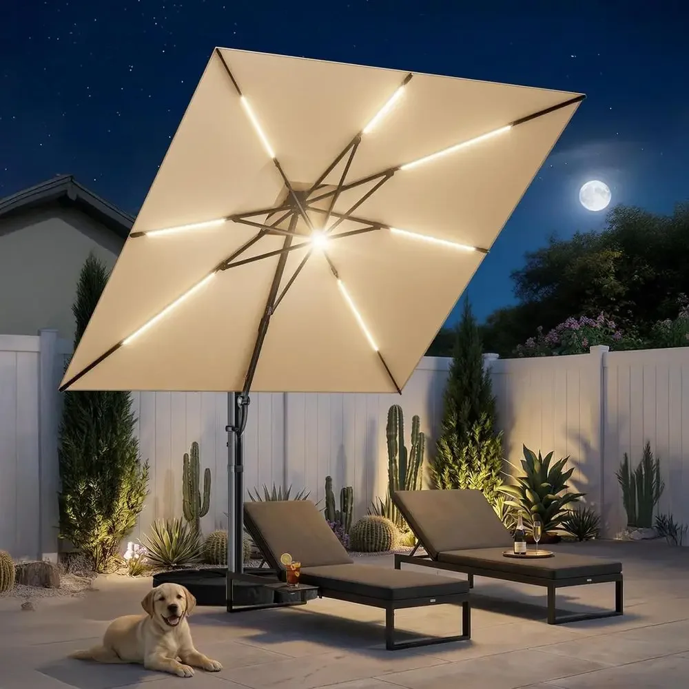 

Консольный зонт для патио со светодиодной подсветкой, большой уличный зонт с поворотом на 360° ° Поворотный механизм и основание, бежевый