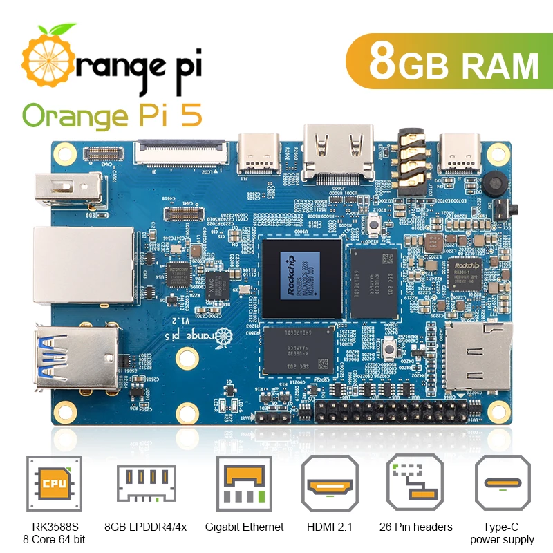 Orange Pi 5 4/8/16GB RK3588S,PCIE Module External WiFi+BT,SSD Gigabit Ethernet Single Board Computer, Run Android Debian OS