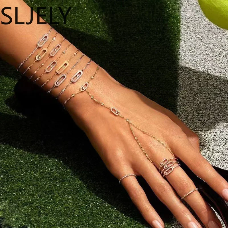 Luxury Brand Real 925 Sterling Silver Move Uno Diamond Hand Back Chain Bracelet with Ring Activity Zircon Stones Women Jewelry