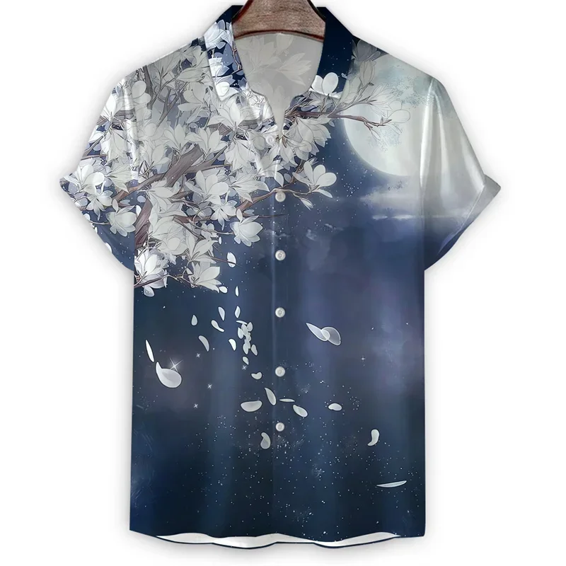 

Men's short-sleeved shirt for enjoying flowers under the moon, daily comfortable and casual men's lapel top, loose and fashionab