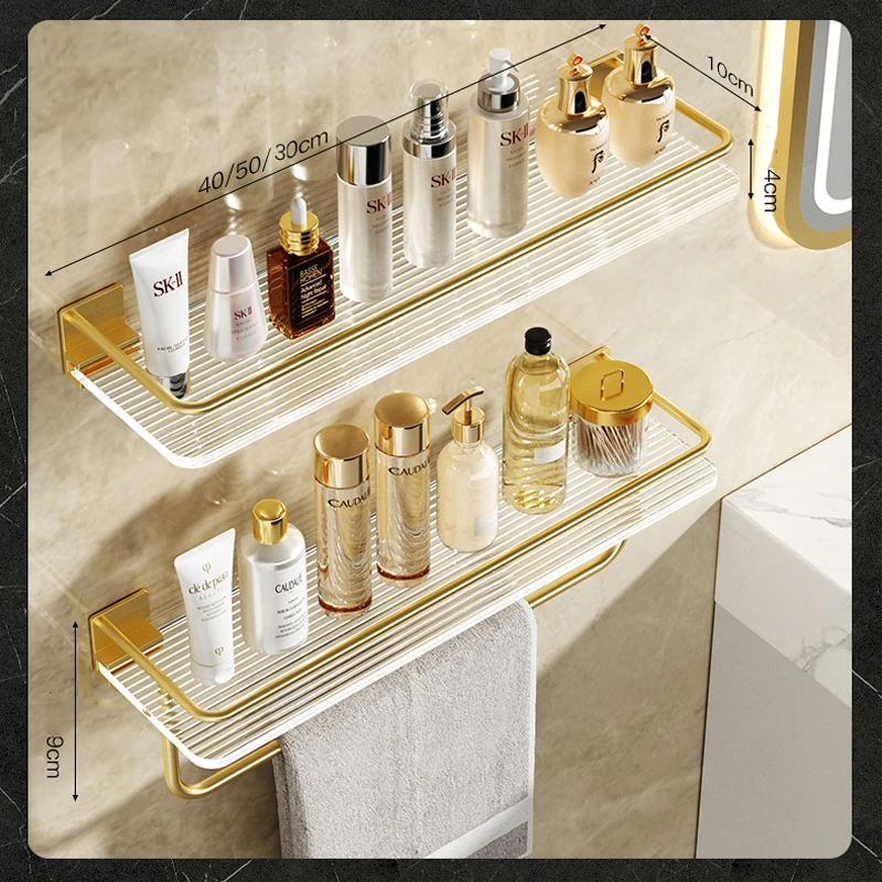 Bathroom Floating Shelves Gold, Wall Mounted Storage with Towel Bar for Kitchen, Bedroom Acrylic Wall Shelf Set with Towel Rack