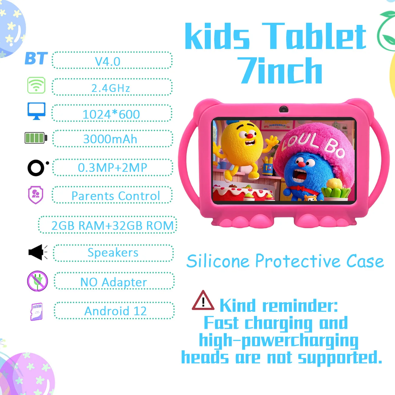 Tablet per bambini Android da 7 pollici, WiFi, batteria da 3000 MAH, doppia fotocamera, regali per bambini per Natale e compleanno