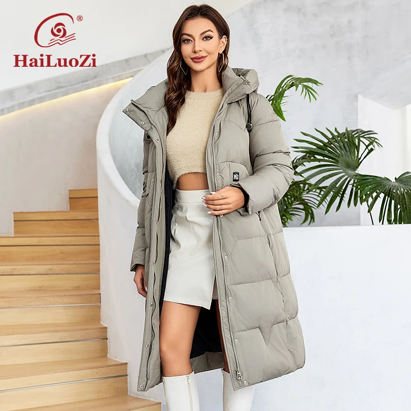 HaiLuoZi 2023 Women Winter Coat Long Thick Parkas Zip Up Warm Female Outwear Slant Pockets Fashion Design Women\'s Jackets 1117