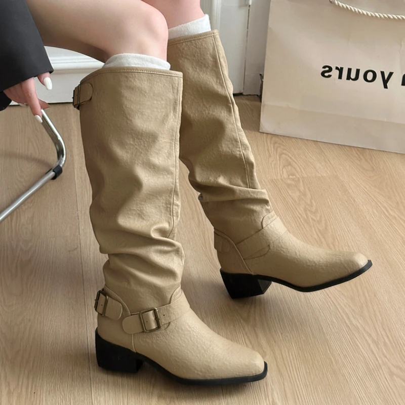 

Long Women's Boots Mid Heels Fashion Knee High Leather Shoes 2025 Winter Pumps Chelsea Boots Walking Trend Designer Mujer Botas