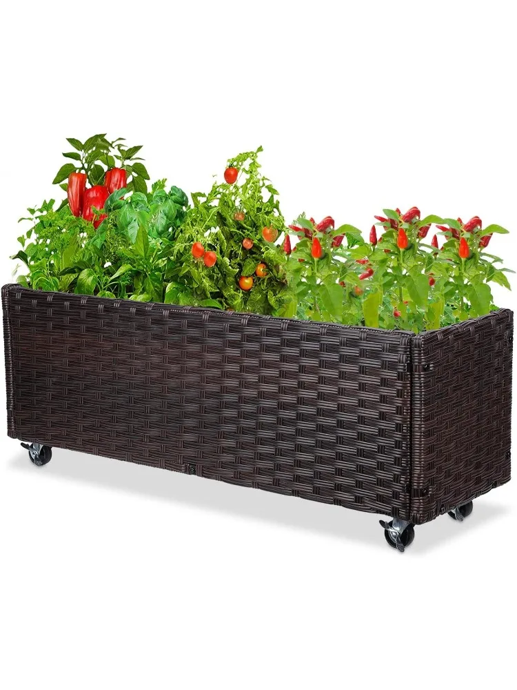 Raised Bed - Garden Planters Box with Wheels, Rattan Patio Raised Beds for Gardening, Indoor Outdoor Planters