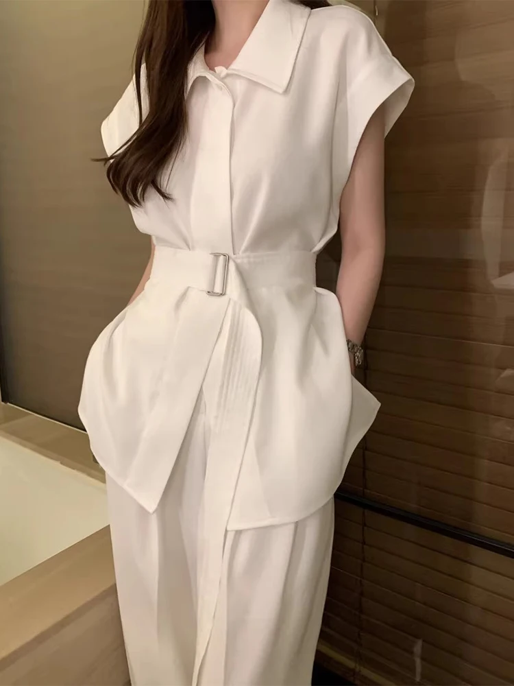 

SuperAen 2024 Korean Chic Summer Style Lapel Tie Up Versatile Sleeveless Shirt High Waist Wide Leg Pants Sets