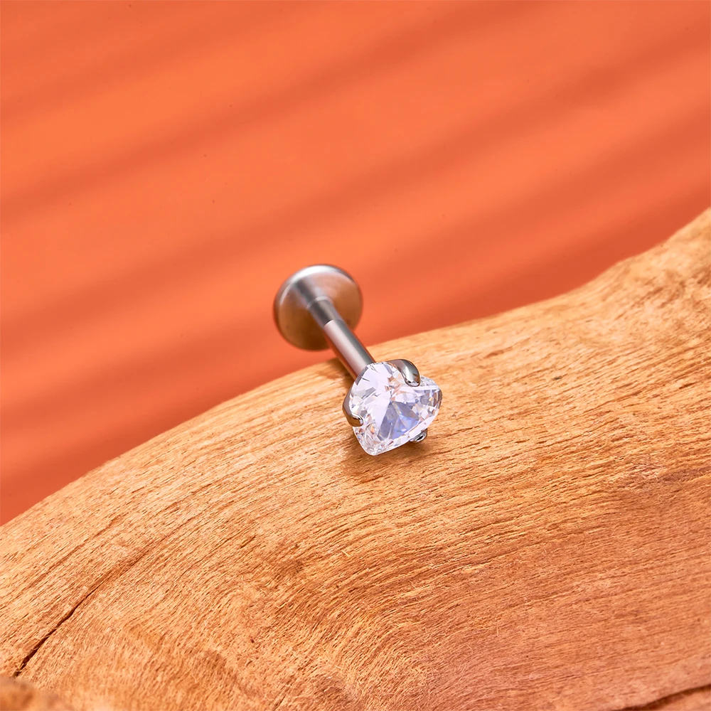 ASTM F136 Titanium 16G Heart CZ Internally Threaded Flat Back Labret Cartilage Tragus Helix Nose Stud Piercing