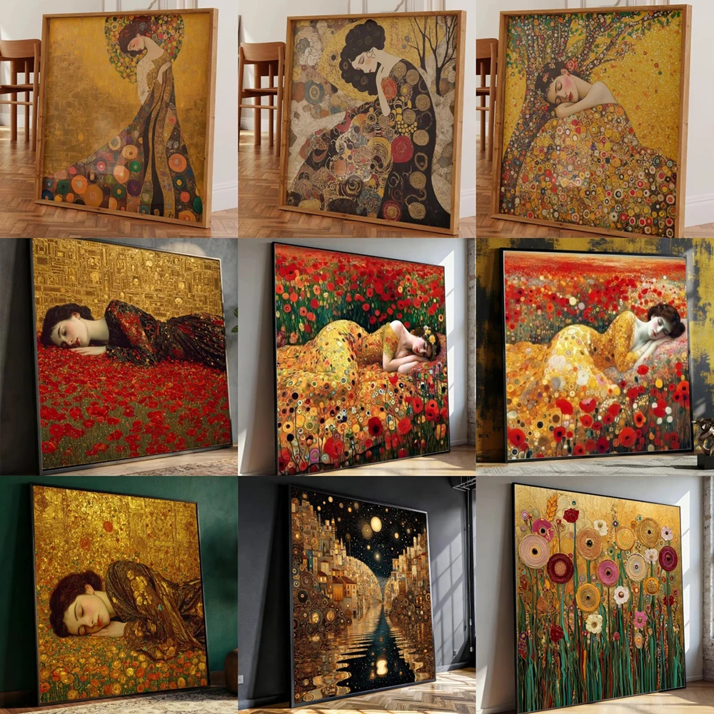 Gustav Klimt Sleeping Woman Canvas Painting Floral Poppy Field Wall Art Prints Decor Bedroom Canvas Poster Elegant Home Decor