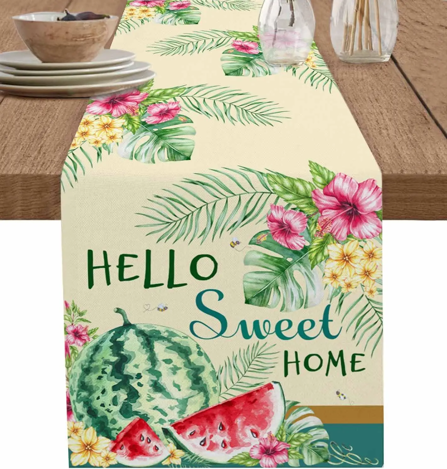 

Summer Watermelon Floral Linen Table Runner Party Decor Tropical Palm Leaf Hibiscus Kitchen Dining Table Runners Home Decoration