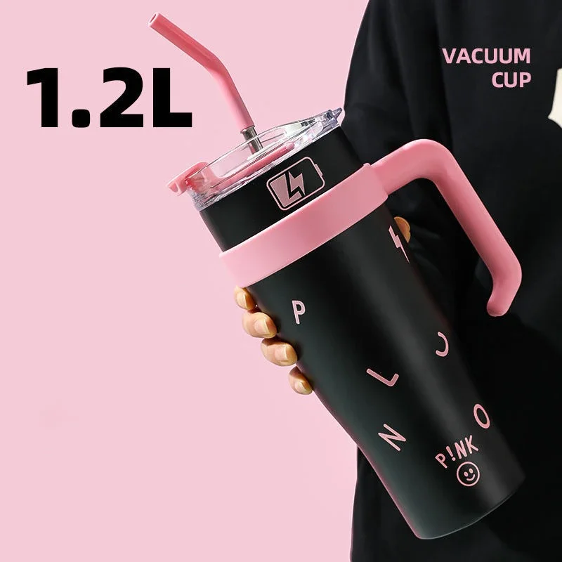 New 1200ml Large Capacity Thermos Cup 40oz Car Handle Homeuse School Girl Pink Cold Insulated Straw Cup Couple Gift Water Cup