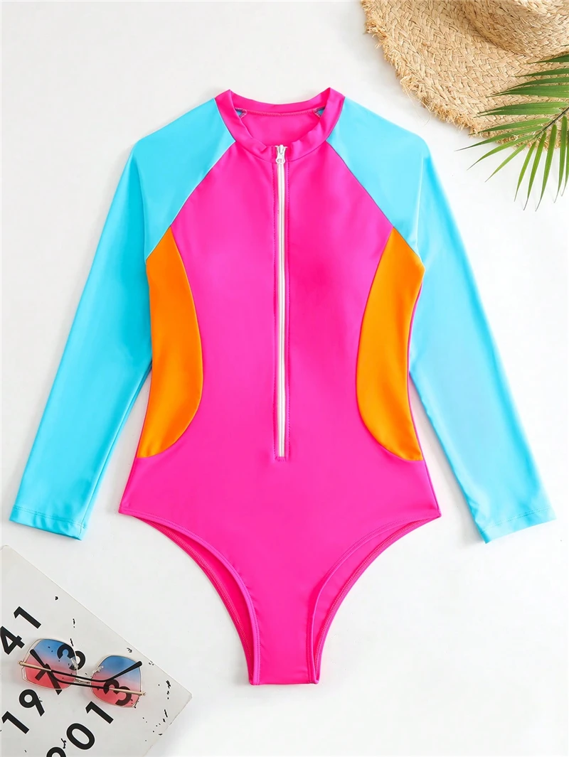 One Piece Bathing Suit Long Sleeves Surfing Suit Beachwear Swimsuits 2024 Woman Swimwear Women Sexy Monokini Zipper Bodysuit