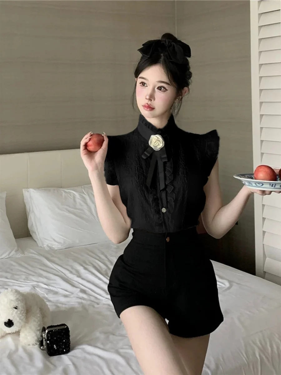 

Sweet Versatile Summer 2025 Court Sle Svel irt Ele Design Women's Top Korean Loose Fit ort Length Color