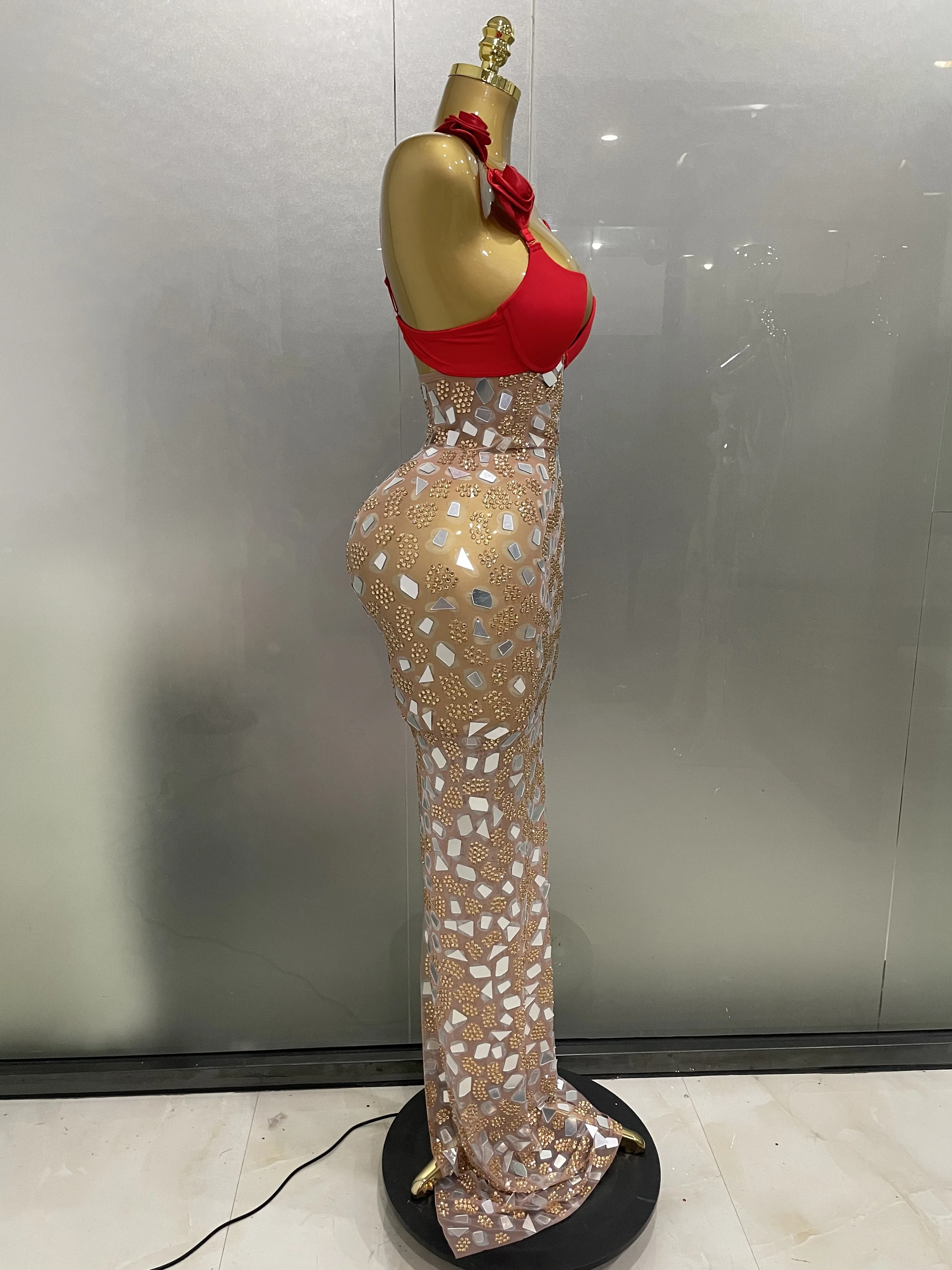 Sexy glitzerndes Strass-Mesh-Spiegel, rote Rosen, langes Kleid, 2025, neue Damen-elegante Abendparty, Club, Bühnenkostüm