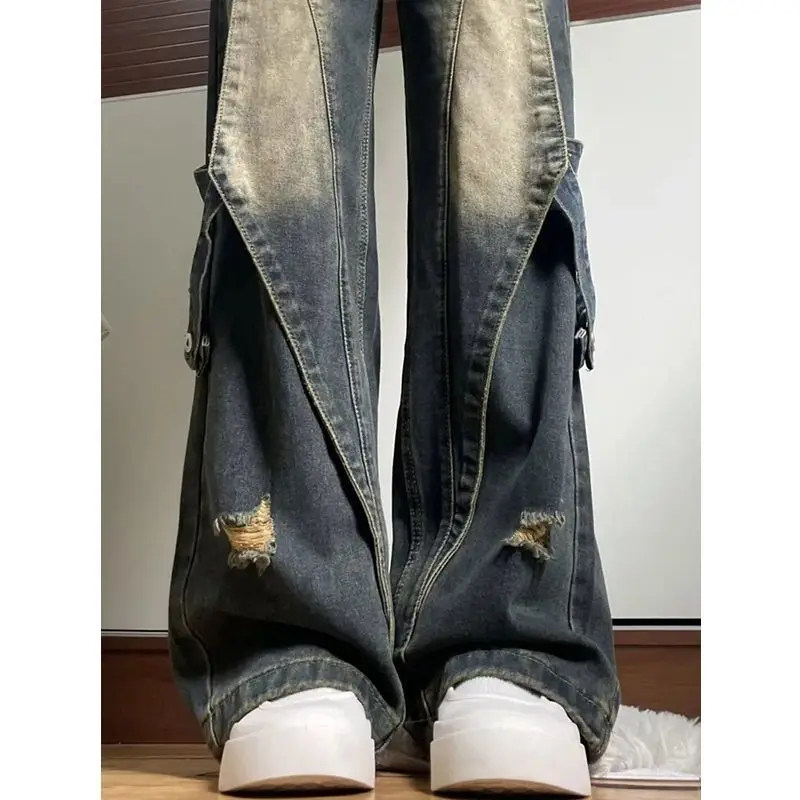 

Summer Jeans Women Wide Leg Straight Retro American Casual Dark Distressed Ripped Unisex Simple Girl Classic High Street