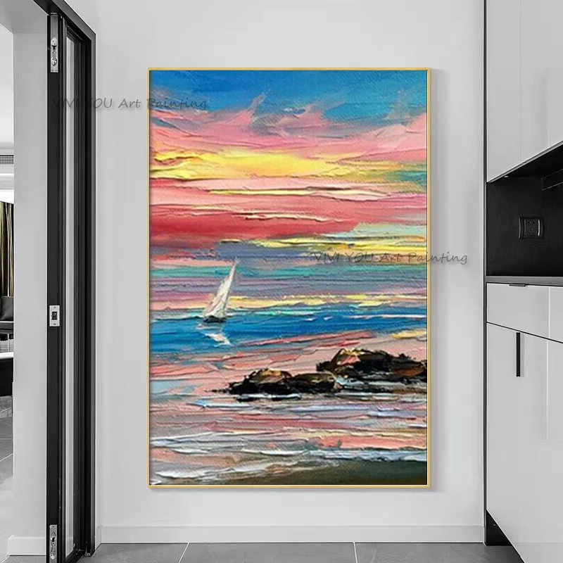 Handpainted Sunrise Impression Modern Oil Painting on Canvas Abstract Wall Art for Living Room Home Decor