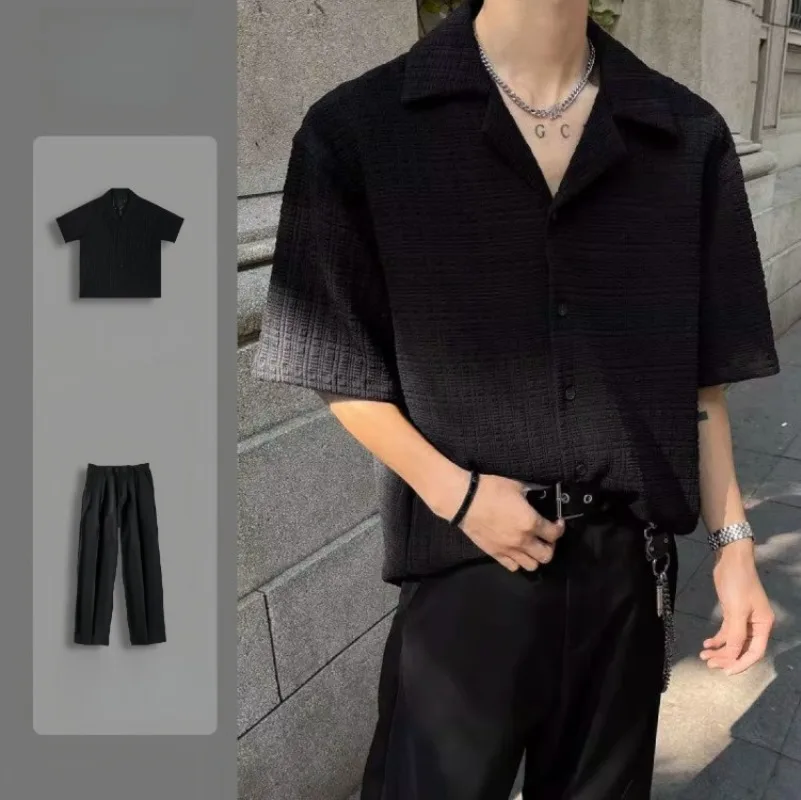 

Men's Summer Cuban Collar Short Sleeve Shirt Korean Style Light Luxury Premium Ice Silk Wrinkle Free Textured Drapey Loose Top