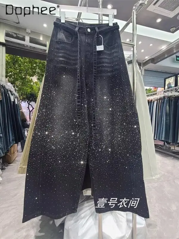 

Американские ретро-джинсы женские с завязками, утяжеленные, с отделкой стразами, весна 2026, свободные, широкие, в пол