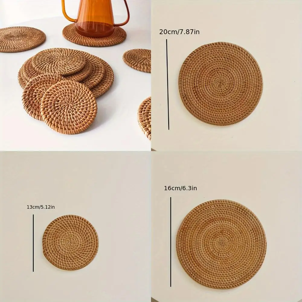 Set Of 6 Natural Rattan Coasters With Holder - Braided Cup Mats For Dining & Living Room Decor, Eco-Friendly Kitchen Accessories
