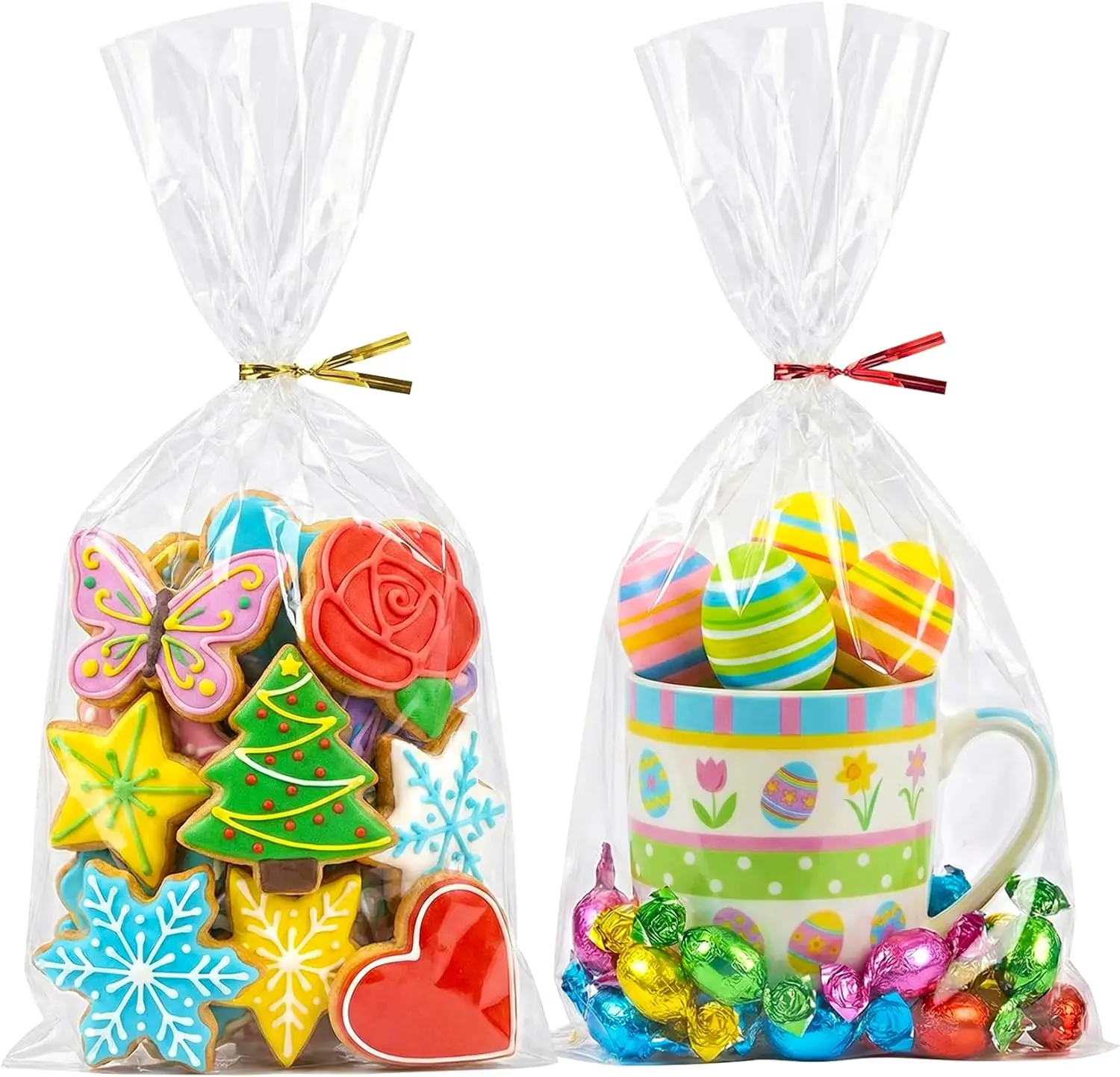 

200 Pcs 7x13" Clear Cellophane Treat Bags, Flat Bottom, with Twist Ties for Party Favors