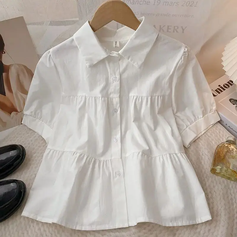 Summer Loose Sweet Short Sleeve Shirts & Blouses Puff Sleeve Elegant Office Lady Shirt Vintage Top Women Korean Popular Clothes