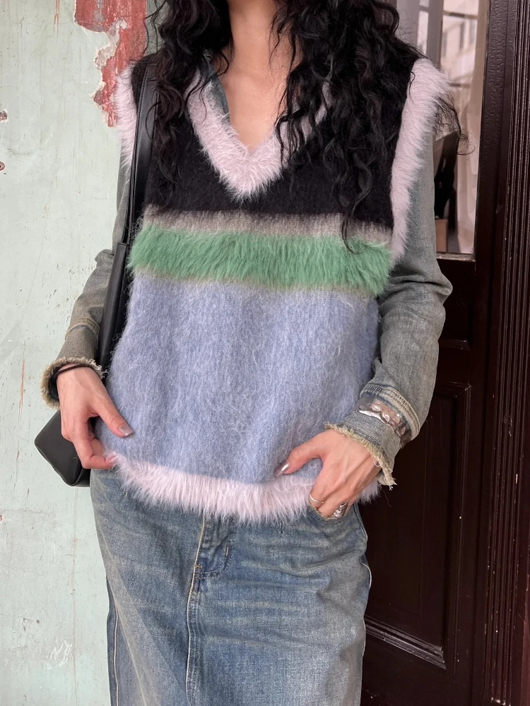 

Versatile Fuzz Knit Sweater Vest Women Color Block Vintage V-Neck Knit Niche Loose Fit Tops Fluffy Pullover Stripe Tank Tops