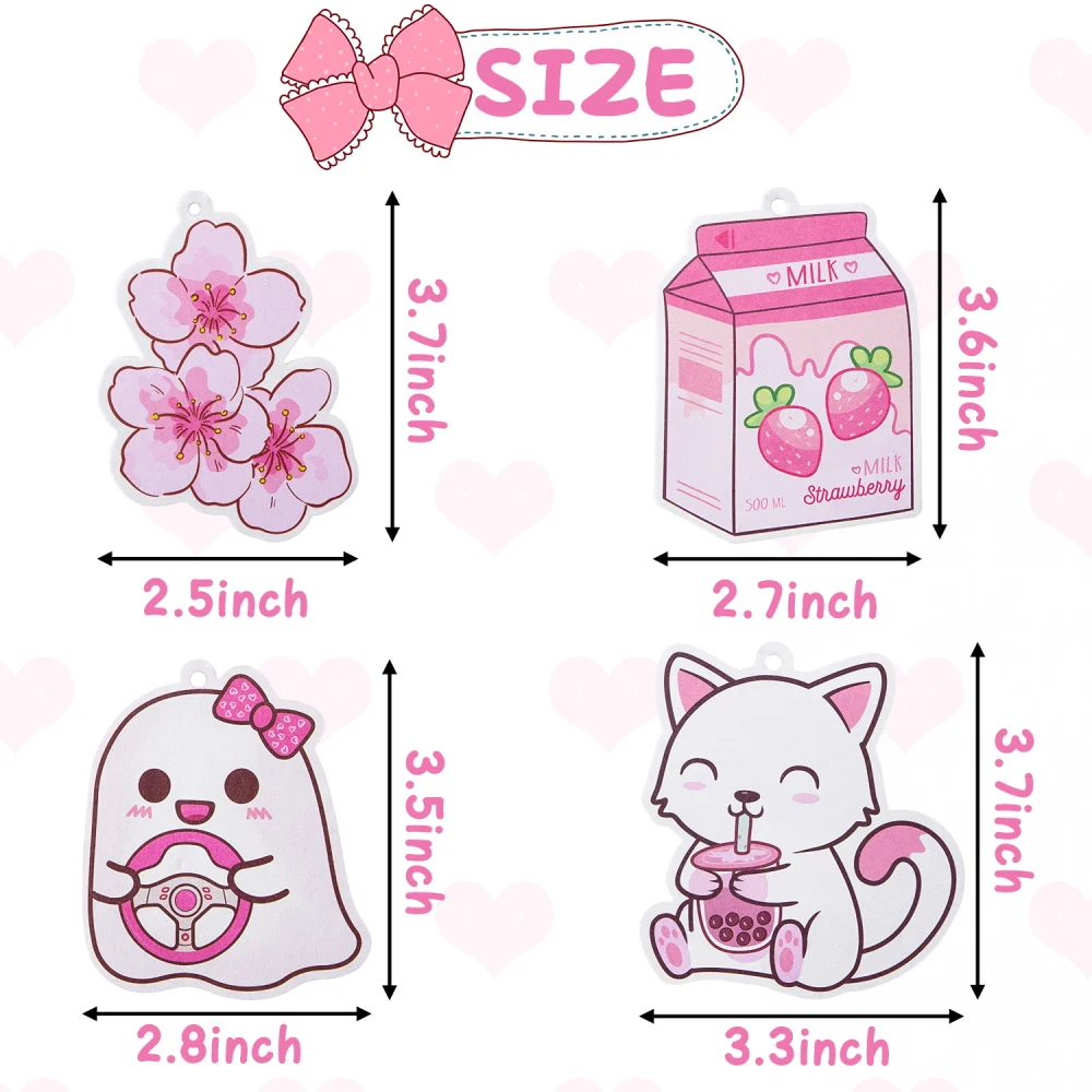 4Pcs Kawaii Car Air Freshener Set Pink Cat Pendant Strawberry Bubble Gum Sakura Milk Hanging Fragrant Slices for Cars Bedroom