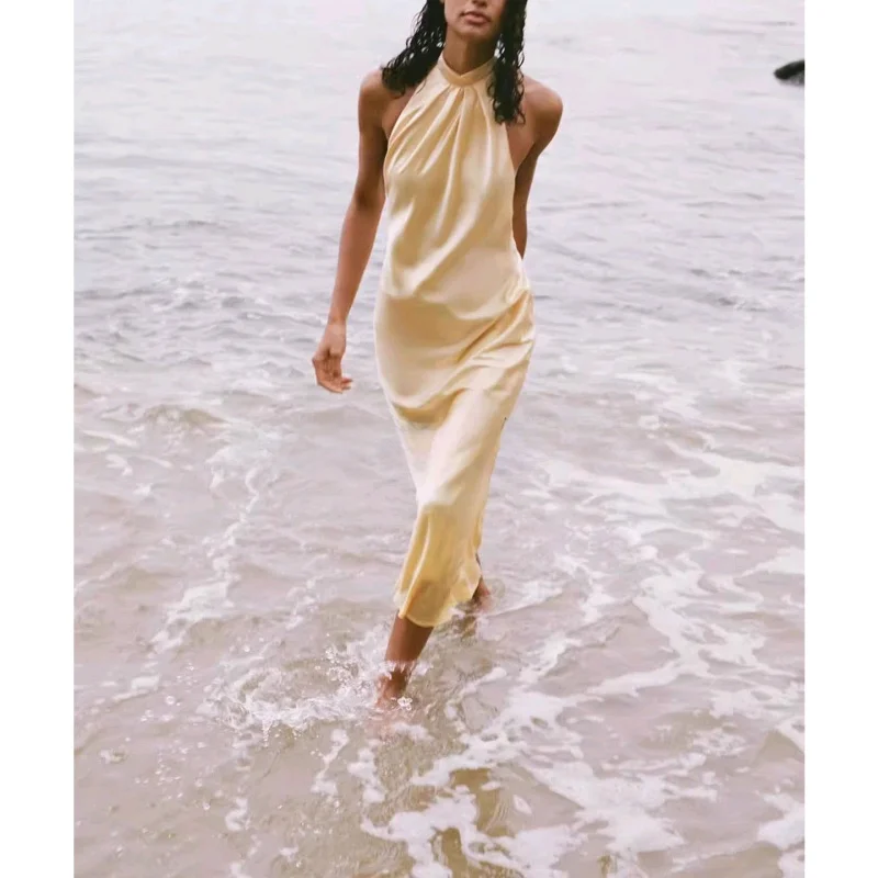 Vestido midi sexy de cetim de seda sem costas, decote suspenso, estilo casual, vestido f de fibra de poliéster sem mangas