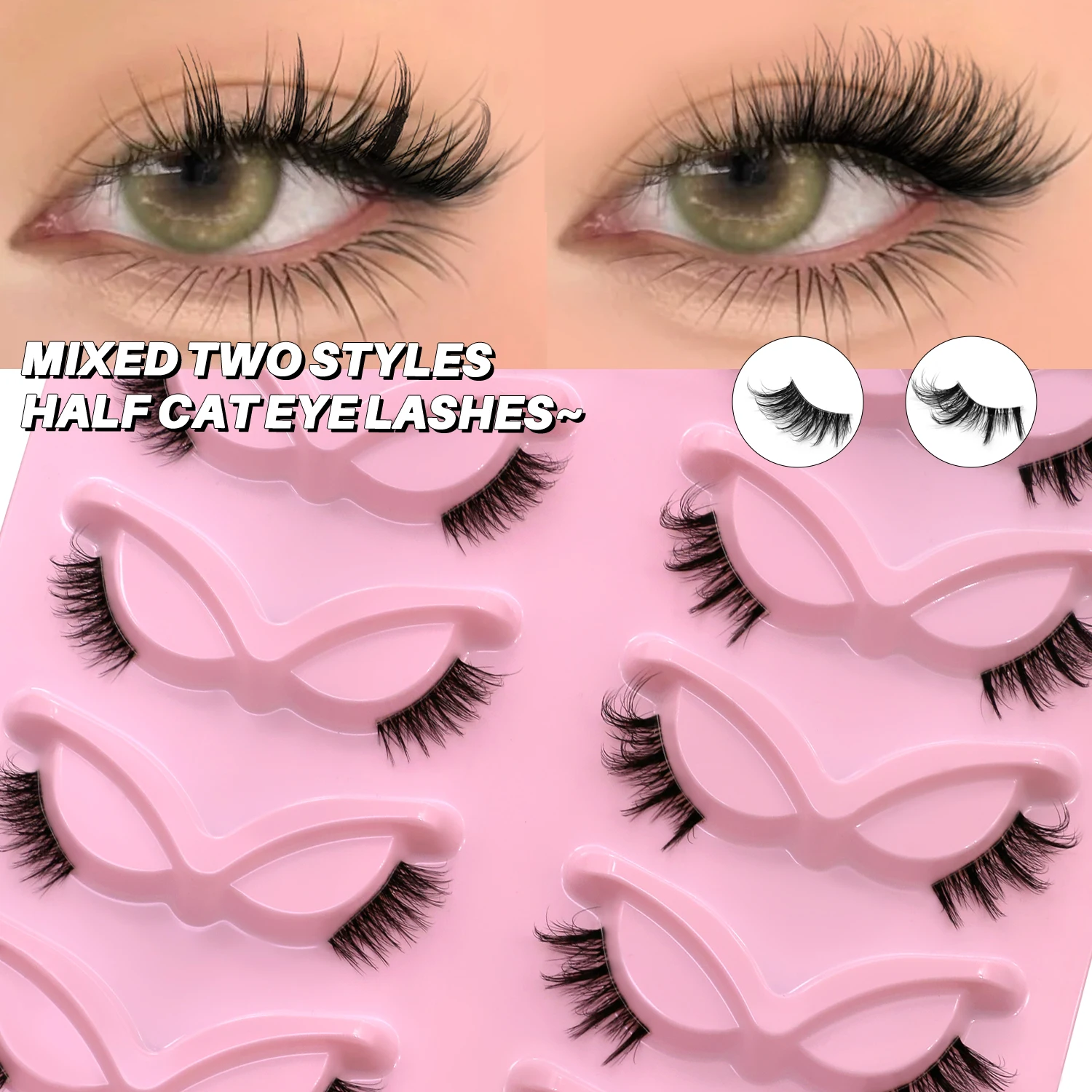 ラスヴィレ ハーフキャットアイラッシュ ナチュラルふわふわハーフアイラッシュ ミックススタイル クリアバンドラッシュ ソフトウィスピー 3Dフェイクミンクラッシュ