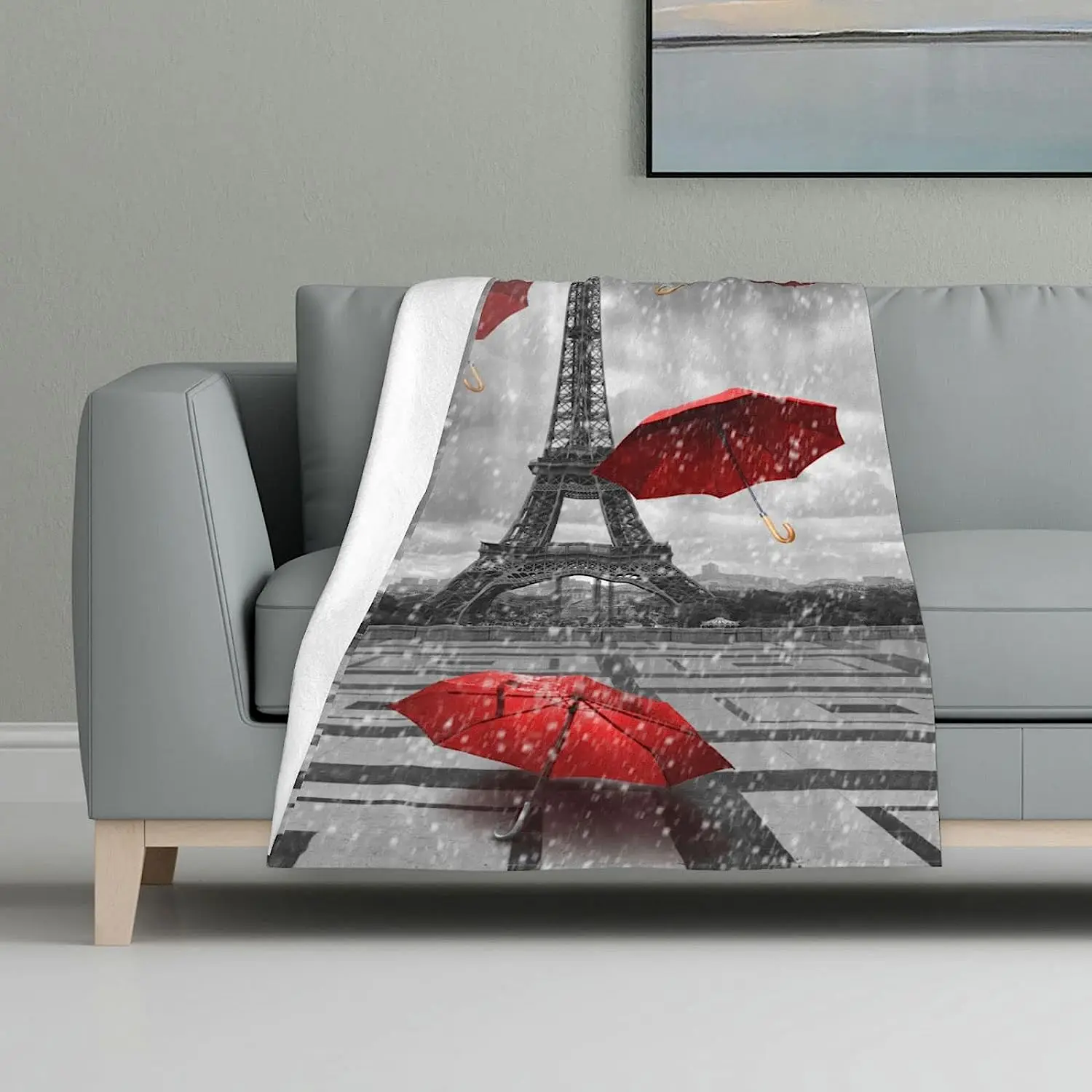 Eiffel Tower Throw Blanket With Flying Umbrellas Famous Landmark Black And White With Red Element Throw Blanket Bed