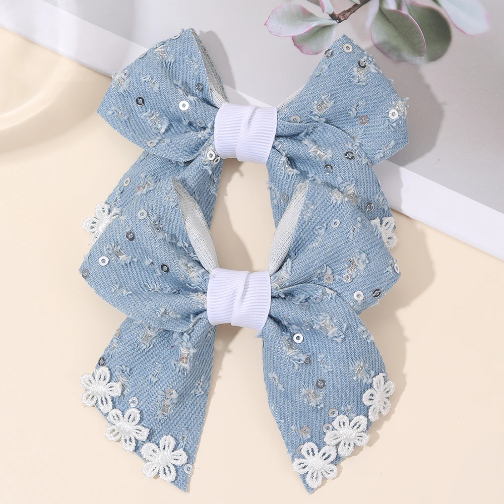 2 шт., нежные винтажные джинсовые заколки для волос с бантом, кружевные заколки с цветочными пайетками, модные аксессуары для волос для девочек, вечерние повседневные головные уборы